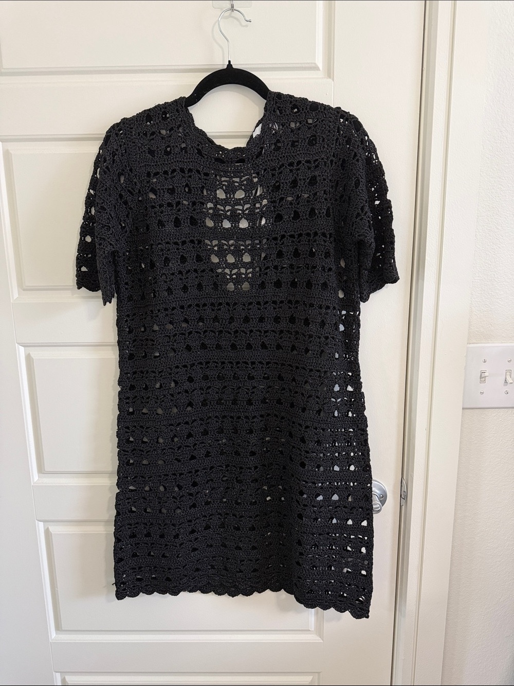 NWT Ganni Black Crochet Short-Sleeve Shift Dress